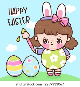 Cute girl wear Easter bunny costume painting. Series: children's game egg hunt (Character cartoon). Spring activities holiday. Perfect make a wish for baby t shirt fairy tale book, celebration party.