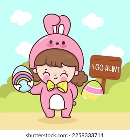 Cute girl wear Easter bunny costume and rainbow egg. Series: children's game egg hunt (Character cartoon). Spring activities holiday. Perfect make a wish for baby t shirt fairy tale book, celebration.