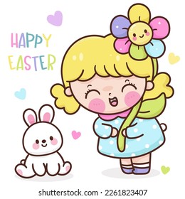 Cute girl wear Easter costume and bunny rabbit holding flower. Series: children's game egg hunt (Character cartoon). Spring activities holiday. Perfect make a wish for baby t shirt fairy tale book.