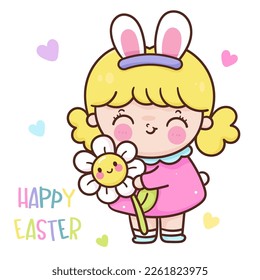 Cute girl wear Easter costume and flower. Series: children's game egg hunt (Character cartoon). Spring activities holiday. Perfect make a wish for baby t shirt fairy tale book, celebration party.