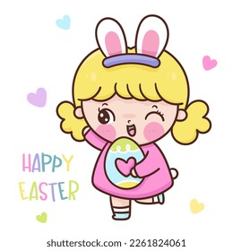 Cute girl wear Easter costume bunny holding easter eggs. Series: children's game egg hunt (Character cartoon). Spring activities holiday. Perfect make a wish for baby t shirt fairy tale book.