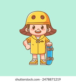 a Cute girl wear helmed Playing Skateboard kawaii chibi character mascot illustration