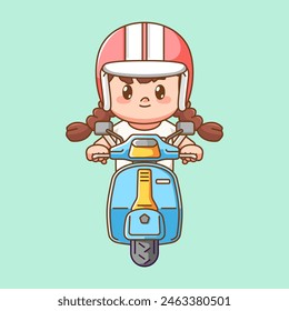 Cute girl wear helmed riding scooter kawaii chibi character mascot illustration set