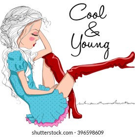 cute girl wear red boots,cool and young,vector girl,cool girl