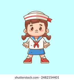 Cute girl wear sailor uniform confused kawaii chibi character mascot illustration outline style design set