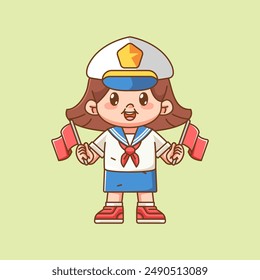 Cute girl wear sailor uniform holding two flag kawaii chibi character mascot illustration set