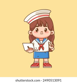 Cute girl wear sailor uniform hold laptop kawaii chibi character mascot illustration outline style design set