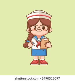 Cute girl wear sailor uniform take notes kawaii chibi character mascot illustration set