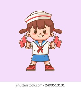 Cute girl wear sailor uniform hold two flag kawaii chibi character mascot illustration set