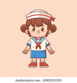 Cute girl wear sailor uniform stand kawaii chibi character mascot illustration outline style design set