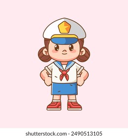 Cute girl wear sailor uniform stand pose kawaii chibi character mascot illustration outline style design set