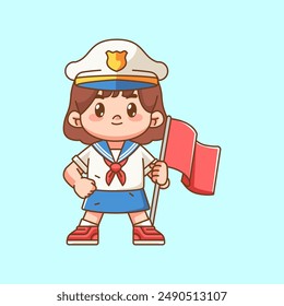 Cute girl wear sailor uniform hold flag kawaii chibi character mascot illustration set