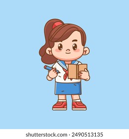 Cute girl wear sailor uniform taking note kawaii chibi character mascot illustration set