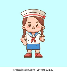 Cute girl wear sailor uniform thumbs up kawaii chibi character mascot illustration set