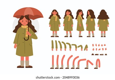 Cute Girl Wearing Autumn Clothes And Holding Umbrella. Character Constructor For Animation. Front, Side And Back View. Body Parts And Postures Collection. Flat Cartoon Vector Illustration Isolated.