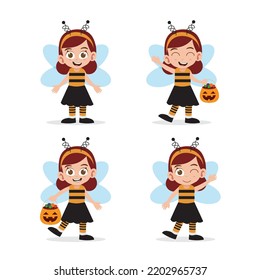 Cute Girl Wearing Bee Costume for Halloween Vector Illustration