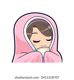 Cute girl wearing blanket and drink cup of hot tea cartoon vector illustration