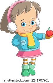 Cute Girl Wearing blue Winter Coat and holding apple of illustration