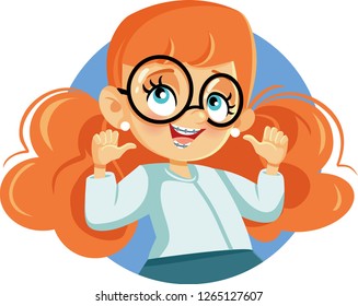 Cute Girl Wearing Braces Cartoon Character. Funny child achieving perfect smile via orthodontic treatment 
