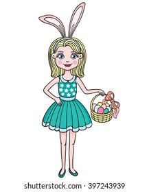 Cute girl wearing bunny ears on Easter day. EPS 8.