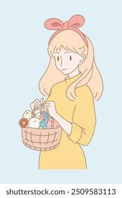 Cute girl wearing bunny hairband holding basket of Easter decorated eggs, spring flower, small rabbit. Happy Easter day. Hand drawn flat cartoon character vector illustration.