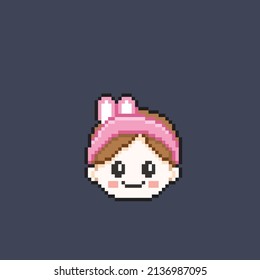 cute girl wearing bunny head band in pixel style