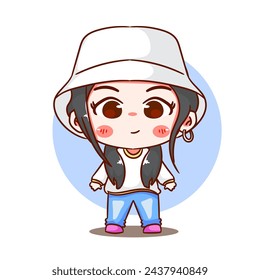 Chica linda que lleva gato y bailando personaje de dibujos animados. Moda de estilo coreano. Diseño de conceptos de expresión de personas. Ilustración vectorial de Chibi. Fondo blanco aislado