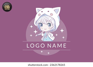 Cute girl wearing cat ear hoodie logo cartoon