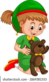 Cute girl wearing Christmas hat and holding teddy bear on white background illustration