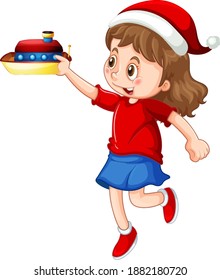 Cute girl wearing Christmas hat and playing with her toy on white background illustration