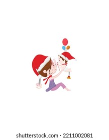 Cute girl wearing Christmas hat and holding cute baby on white background. Xmas vector isolated.  Perfect for coloring book, textiles, icon, web, painting, books, t-shirt print. 