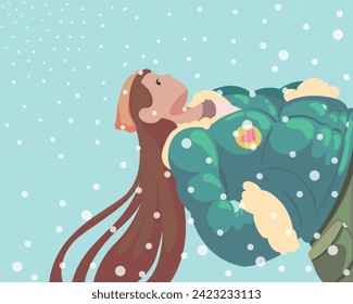 Cute girl wearing a coat under the snow