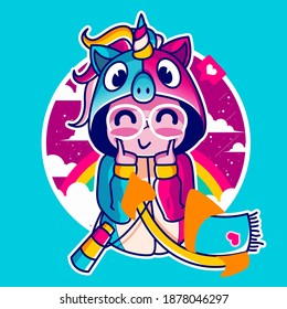 cute girl wearing colorful unicorn hoodie