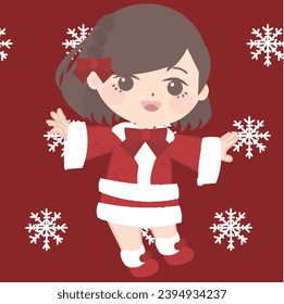  a cute girl wearing the costume of santa with snowflakes on her head, in the style of pop kei, maroon, traditional poses, dark orange and light maroon, oshare kei, simple, dark white and red
