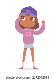 Cute Girl Wearing Cotton Baseball Cap With Kids Word Vector Illustration. Cartoon Isolated Adorable Child With Funny Face, Happy Young Student Standing With Hands Up To Put On Summer Headdress