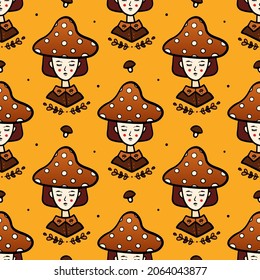Cute girl wearing dotted mushroom hat vector seamless pattern background for autumn, fall design.
