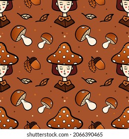 Cute Girl Wearing Dotted Mushroom Hat With Acorns, Leaves And Mushrooms Vector Seamless Pattern Background For Autumn, Fall Design.