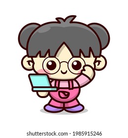 CUTE GIRL WEARING GLASSES AND BRINGING A BLUE LAPTOP. HIGH QUALITY CARTOON MASCOT DESIGN.  