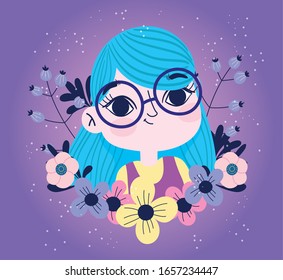 cute girl wearing glasses with flowers sprout botany purple background vector illustration