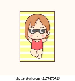 Cute girl wearing glasses sunbathe on the beach. Summer holidays and vacation. Chibi cartoon character. Flat vector illustration