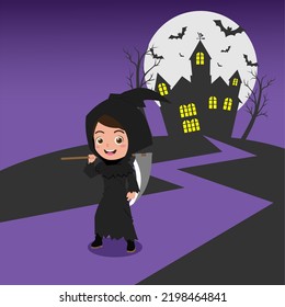 Cute Girl Wearing Grim Reaper Halloween Costume, Background in Separate Layers For Easy Editing