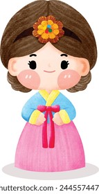 Cute girl wearing Hanbok, Korean traditional costume.