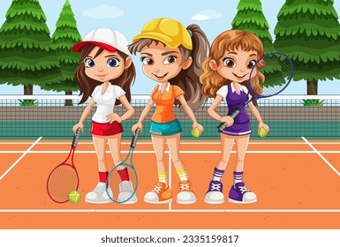 Cute girl wearing hat face ponytail hair tennis at tennis court outdoor illustration