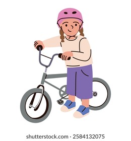 Cute girl wearing helmet and pushing bicycle, vector illustration. Road safety and fun outdoors, joyful and playful child. Simple lines, bright colors, flat cartoon character for childrens themes
