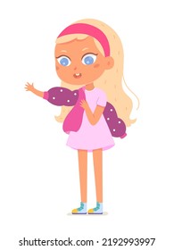 Cute girl wearing jacket vector illustration. Cartoon isolated adorable kid standing, little blonde dressing up, independent child holding jacket in hands to put on outerwear outfit in cold season