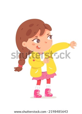 Cute girl wearing jacket vector illustration. Cartoon isolated adorable kid standing, little blonde dressing up, independent child holding jacket in hands to put on outerwear outfit in cold season ストックフォト © 