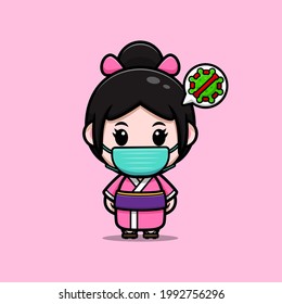 cute girl wearing kimono dress and mask to prevention virus cartoon illustration