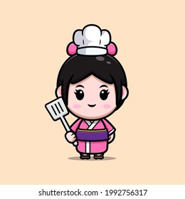 cute girl wearing kimono dress chef cartoon illustration