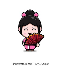 cute girl wearing kimono dress with hand held fan cartoon illustration