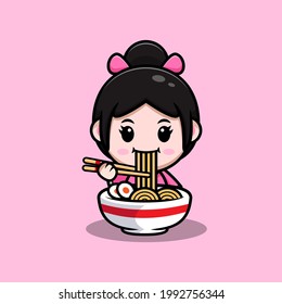 cute girl wearing kimono dress and eating ramen noodle cartoon illustration